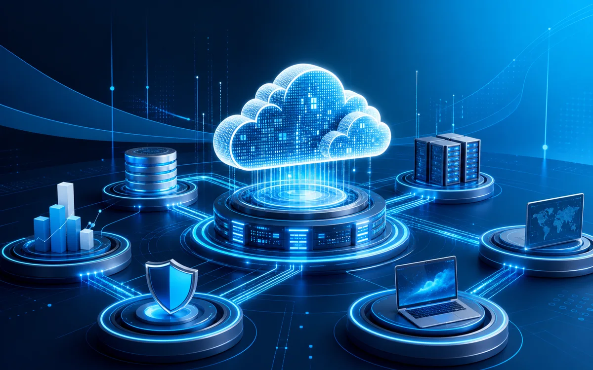 Infraestrutura cloud conectando dados, segurança e sistemas empresariais