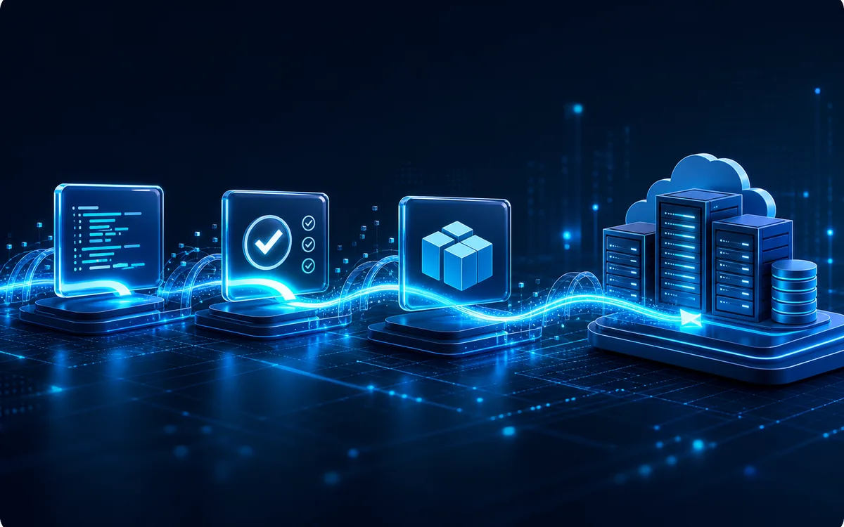 Pipeline DevOps conectando código, testes, containers e produção